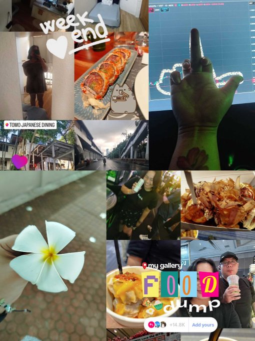 A collage captures a lively weekend with snapshots of sushi at "TOMO JAPANESE DINING," street scenes, and a "FOOD DUMP" gallery (14.8K) featuring takoyaki and friends, complementing a July recap of web3 milestones, IRL events, gaming, and rekindled connections.