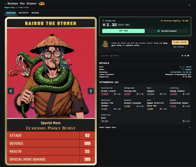 A digital NFT marketplace listing for 'Raikou The Stoner,' featuring an anime-style character with a green snake around its neck, showing stats like Attack 93, Defence 100, Health 55, and Special Move Damage 199.