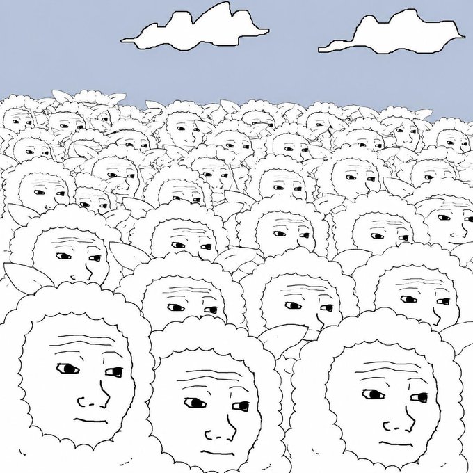 Cartoon drawing depicting a crowd of identical sheep-like characters with blank, resigned faces under a blue sky with simple clouds.