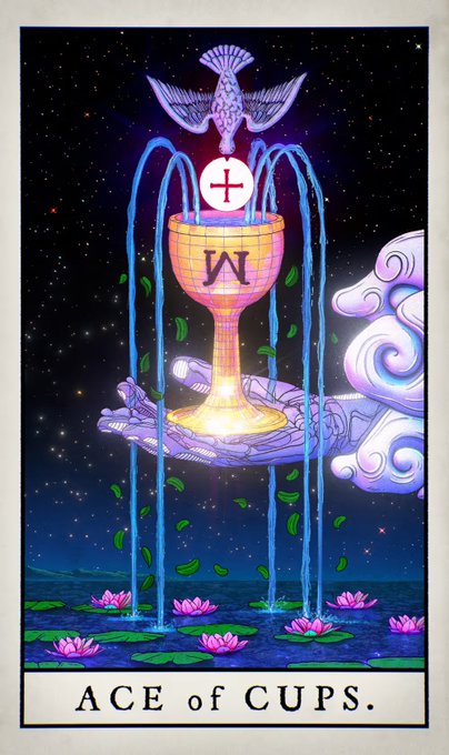 A tarot card illustration depicting the "ACE of CUPS," featuring a dove perched atop a chalice overflowing with water, held by a hand emerging from a cloud, with pink lotuses floating below against a starry night sky. The card is captioned with the text "ACE of CUPS." at the bottom, fitting the morning tarot theme of the post.