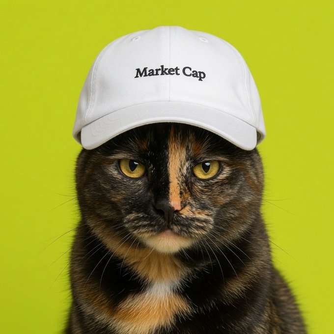 A close-up portrait of a tortoiseshell cat wearing a white baseball cap embroidered with 'Market Cap' against a bright yellow-green background.