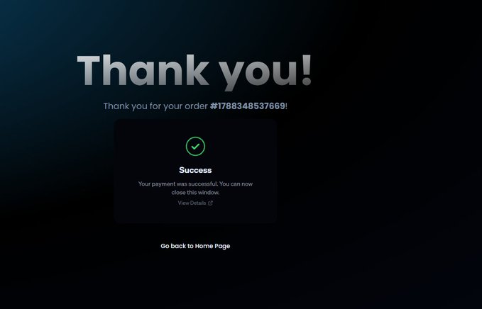 A dark confirmation screen displays "Thank you!" along with order number #1788348537669, featuring a green checkmark and a "Success" popup confirming payment was processed, with a "Go back to Home Page" link—visually representing the completed transaction referenced in the post about paying for the dex.