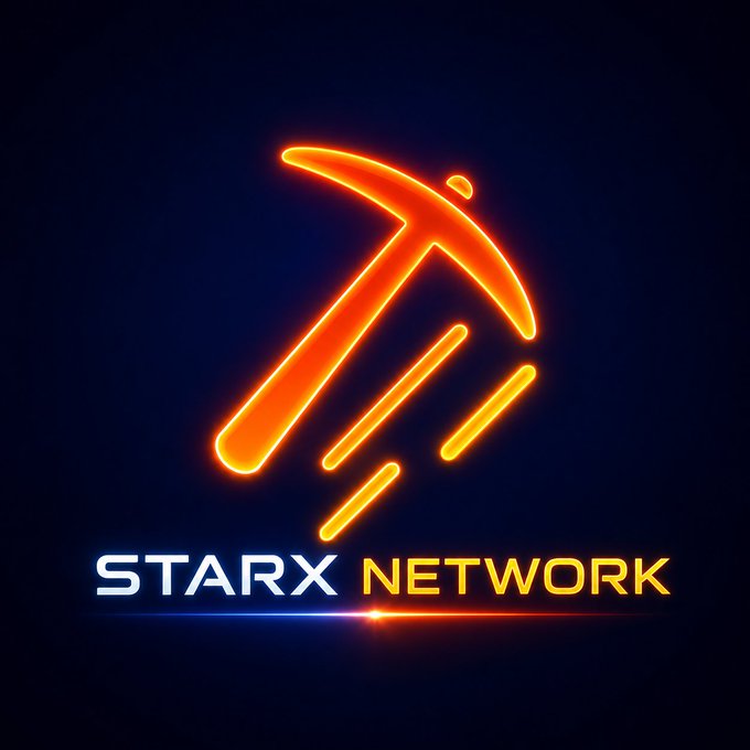 A glowing neon logo featuring a stylized orange pickaxe and rocket design above the text "STARX NETWORK" on a dark blue background, visually reinforcing the post's crypto mining theme. The vibrant pickaxe symbolizes the mining of $STRX tokens that the community is encouraged to continue accumulating.