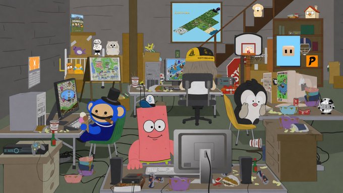 A chaotic scene from South Park shows characters gathered around computers in a cluttered office, with Alon (wearing a "SOFTBANK" cap) visible in the background playing what appears to be Kintara, while references to Boob, Chillhouse, Buttcoin, Solangeles, Troll, Neet, Pumpcade, Jotchua, and Triplet are scattered throughout the room. The image humorously illustrates the post's mention of pumpfun repeatedly tagging Kintara alongside various crypto personalities and projects.