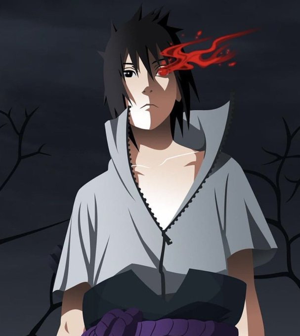 An anime character (Sasuke Uchiha) with one Sharingan eye glowing red, wearing a white open-collared shirt against a dark cloudy background.