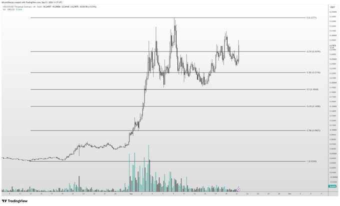 A TradingView chart of $USELESS/USDT on Binance shows a steep rally with a retracement to the 0.786 Fibonacci level (~0.14515) from a swing low, suggesting a potential bounce as the token's price remains well below its all-time high. The visible Fibonacci retracement levels and the recent pullback align with the poster's mention of wanting a cheaper entry around 0.22 to accumulate spot for the anticipated move back to ATH.