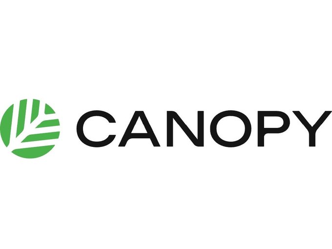 A clean logo design featuring a green circle with stylized leaf/crop lines next to the word "CANOPY" in black text.