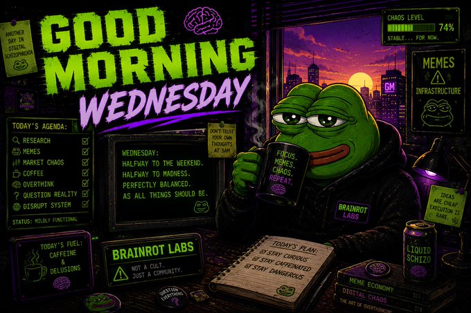 A neon-colored "GOOD MORNING WEDNESDAY" graphic featuring the Brainrot Labs Pepe the Frog character holding a mug of "FOCUS. MEMES. CHAOS. REPEAT." coffee, with various agenda items, stats like "CHAOS LEVEL: 74%", and labels including "MEMES INFRASTRUCTURE" and "BRAINROT LABS - NOT A CULT, JUST A COMMUNITY."