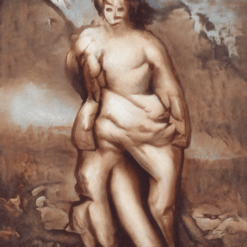 A surrealist painting in muted earth tones depicting a contorted, fleshy nude figure with an ambiguous body structure set against a desolate landscape with shadowy figures in the background.