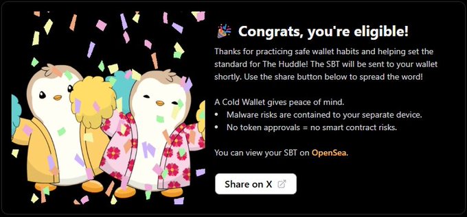 A promotional screen reads 'Congrats, you're eligible!' featuring cartoon characters in Hawaiian shirts and stating that an SBT will be sent for safe wallet habits, with a 'Share on X' button.