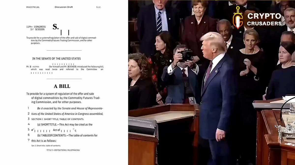 The image shows a man standing at a podium, possibly delivering a speech or addressing an audience. The background of the image features a crowd of people watching him closely. There are two documents displayed in the scene - one being a bill that has been signed by President Donald Trump and another document titled "A Bill". These documents seem to be related to the regulation of cryptocurrencies like Bitcoin, as indicated by the post's title. The text on the image suggests that this event is taking place at the U.S. Capitol building in Washington D.C., with a focus on the clarity of the cryptocurrency regulation bill and its potential impact on the crypto world.