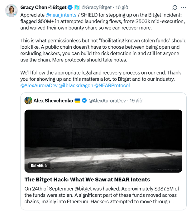 A tweet by Gracy Chen @Bitget appreciating @near_intents / SHIELD for flagging $50M+ in attempted laundering flows and freezing $503k mid-execution, referencing the Bitget Hack.