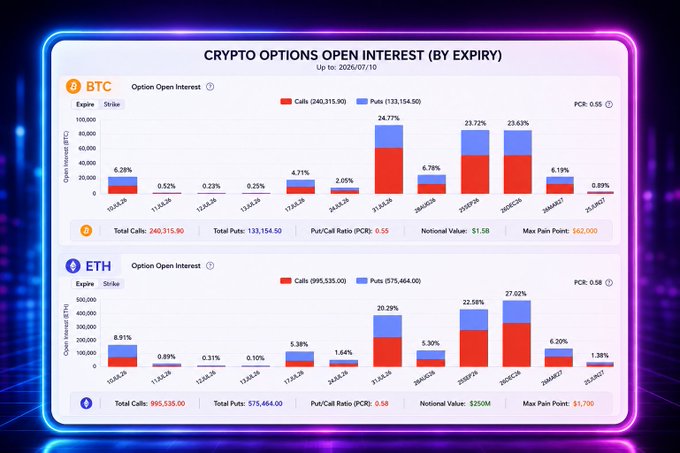 A dashboard displays 'CRYPTO OPTIONS OPEN INTEREST (BY EXPIRY)' charts for BTC and ETH, showing call and put values with a PCR of 0.55 for BTC and 0.58 for ETH.