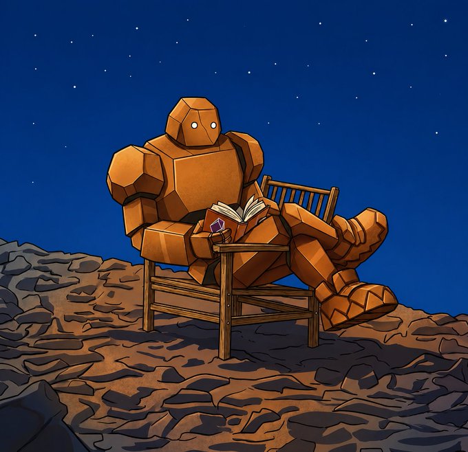 A digital illustration of a large orange golem-like robot sitting on a wooden chair reading a book under a starry night sky on rocky terrain.