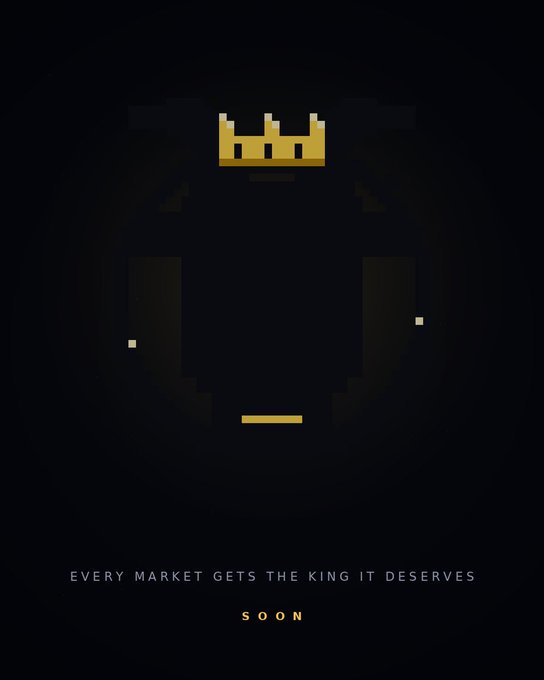 A dark, minimalist teaser shows a pixelated golden crown above the tagline “EVERY MARKET GETS THE KING IT DESERVES,” with “SOON” below. It promotes Goat Street’s upcoming Robinhood mint, in partnership with Cashmere Labs, featuring a free mint, a 6,666-supply collection, and spots for Divergents.