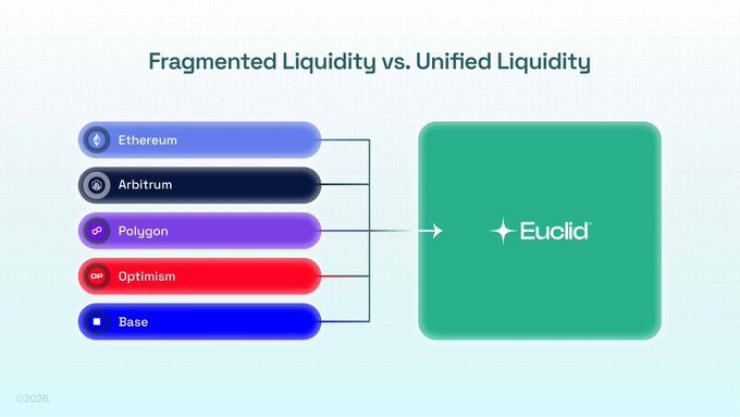 An infographic titled "Fragmented Liquidity vs. Unified Liquidity" showing five colored bars representing different blockchains (Ethereum, Arbitrum, Polygon, Optimism, and Base) on the left, all converging with arrows into a single large green box labeled "Euclid" on the right. The visual illustrates the post's message about unifying liquidity across multiple chains into one position through Euclid Swap, eliminating the need to manage separate LP positions on each network.