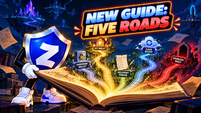 A colorful promotional graphic titled "NEW GUIDE: FIVE ROADS" featuring a Zcash shield character and various themed paths labeled "HOT WALLET", "HARDWARE WALLET", "RECOVERY PHRASE", "CLOUD BACKUP", and "DOORLESS VAULT".