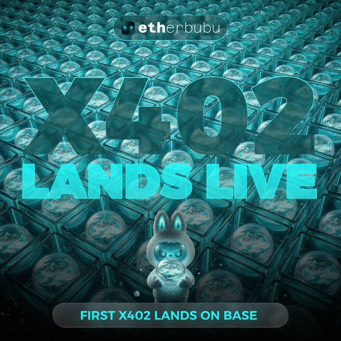 The image features a poster for "X402 Lands Live" with a cartoon rabbit holding a crystal ball, surrounded by blue balls that represent the game's elements. The text on the poster indicates that this event is taking place at "First X402 lands on Base". It also mentions that the first 5000 lands will be converted to NFTs and that the earned points can be used for transactions in the Bronze tier.