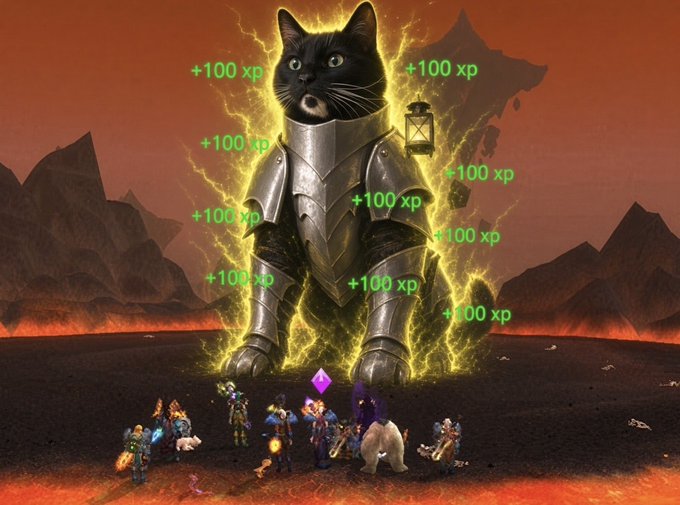 A humorous image of a giant black cat in medieval armor surrounded by lightning, with World of Warcraft characters below and multiple '+100 xp' text overlays floating around.