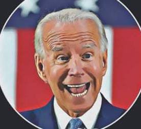 A digitally altered, exaggerated caricature shows Joe Biden with a wide, toothy grin against an American flag background.
