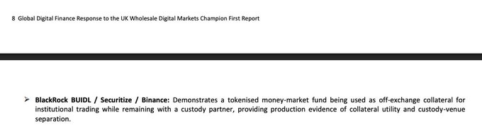 The image shows page 8 of "Global Digital Finance Response to the UK Wholesale Digital Markets Champion First Report," highlighting BlackRock BUIDL/Securitize/Binance as a tokenised money-market fund use case demonstrating off-exchange collateral utility and custody-venue separation. This visual supports the post by showcasing how the BUIDL collateral model is officially recognized in the UK Treasury's wholesale markets consultation as a real-world tokenisation use case alongside major financial institutions.