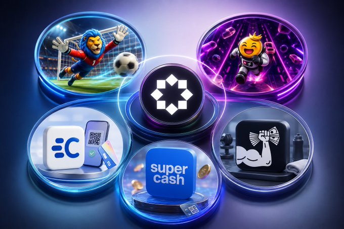 The image showcases the Startale App’s five Mini Apps—a lion goalkeeper, a gaming emoji astronaut, a QR‑code payment screen with “=C”, a “super cash” cube, and a muscular arm holding money—arranged around its central logo, illustrating the platform’s evolution into a payments, shopping, fitness and gaming gateway.