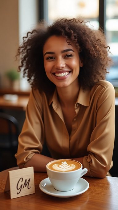 The image features a woman sitting at a table with a cup of coffee, smiling for the camera. The background shows a window overlooking an urban setting, suggesting that she might be enjoying her time outdoors while sipping her coffee. The caption reads "gQuip and happy new day The Bitcoin community is debating BIP-361". This implies that there could be discussions or debates about Bitcoin projects like BIP-361 in the Bitcoin community.