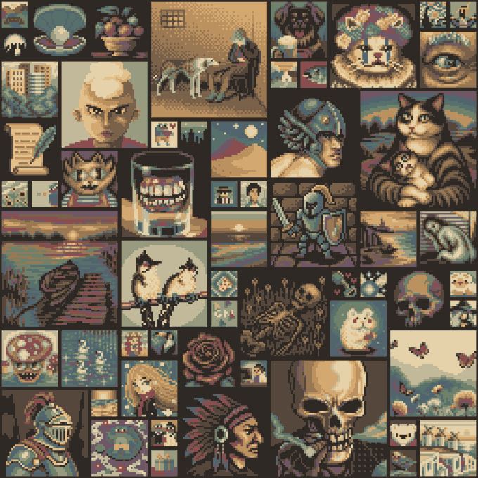 A collage of various pixel art images in a retro style, featuring subjects like cats, a skull, birds, a knight, a person at a desk, and other scenes arranged in a grid.