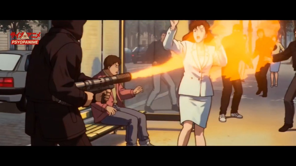 An anime-style scene shows a hooded figure firing a flamethrower at a woman on a city street, while bystanders flee in panic. The watermark "$PSYOPANIME" appears in the top-left corner, representing the meme token discussed in the post about its stagnant $500k valuation despite high engagement.
