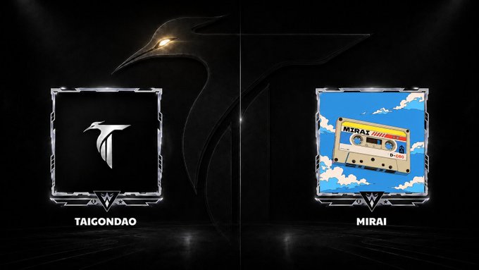 Two digital badges labeled 'TAIGONDAO' and 'MIRAI' displayed against a dark background featuring a raven's silhouette.