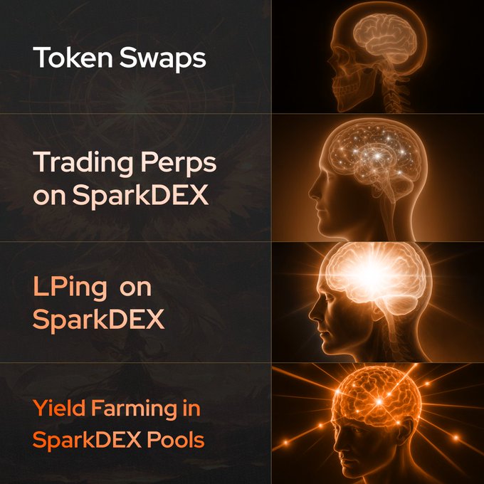 Informational graphic listing SparkDEX features: Token Swaps, Trading Perps on SparkDEX, LPing on SparkDEX, and Yield Farming in SparkDEX Pools, accompanied by four illuminated brain images on the right.