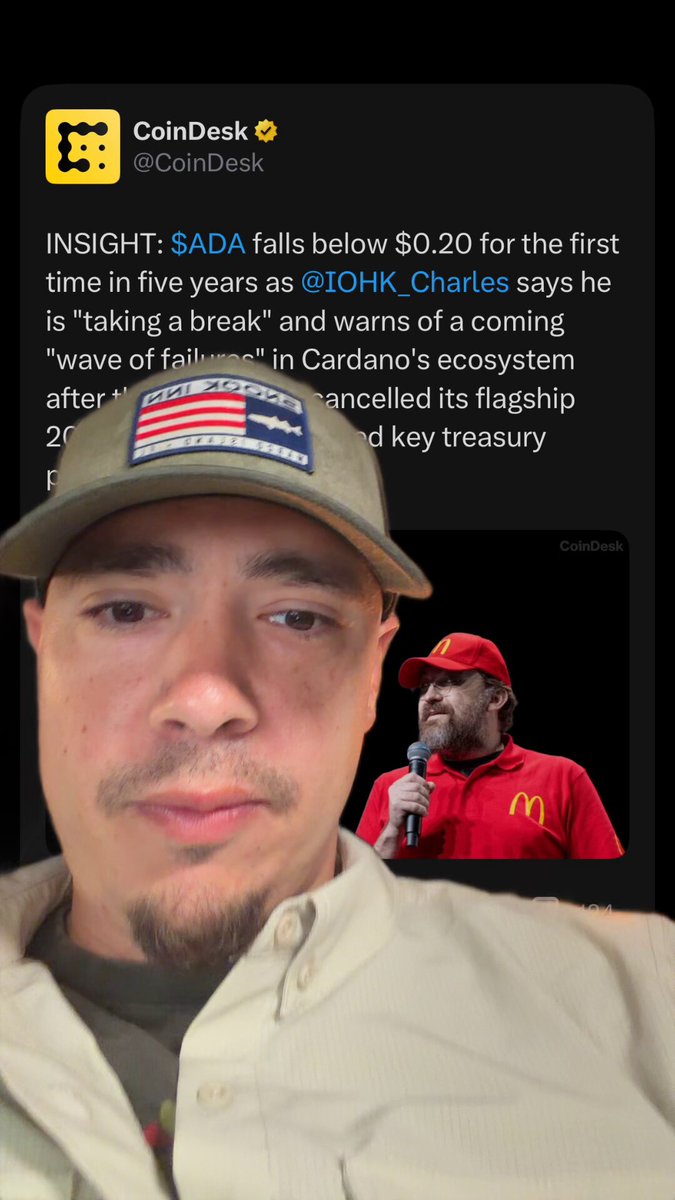 The image shows a man wearing a hat with an American flag design, who appears to be taking a selfie or sharing a photo of himself on social media. The caption for the image reads "Cardano founder is taking a break and $ADA is getting dismantled right now. But, how does the leading summit for Cardano not pass a vote? That is very concerning. Also, is having a front facing person needed in crypto anymore?". This post seems to be discussing the recent developments surrounding the cryptocurrency Cardano and its founder, highlighting concerns about the voting process and the need for transparency in the industry.