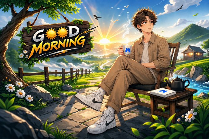 An anime-style illustration of a young man in Nike sneakers sitting in a chair drinking from a cup, with a 'GOOD MORNING' sign hanging from a tree and a scenic countryside sunrise in the background.