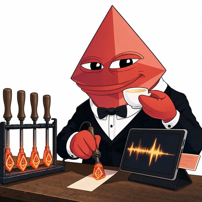 A red diamond-shaped Ethereum mascot in a tuxedo sips espresso while using one of several sessionless crypto irons to stamp a transaction, with a tablet displaying a VU waveform audio meter beside it—illustrating the multi-project build session covering clawd-harness, clawd-morning-show, clawd-todo, clawd-landing, and related updates.