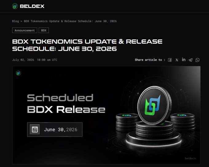 A Beldex blog announcement titled 'BDX TOKENOMICS UPDATE & RELEASE SCHEDULE: JUNE 30, 2026' dated July 02, 2026, promoting a 'Scheduled BDX Release' on June 30, 2026.