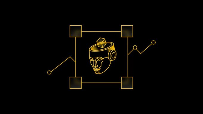 A minimalist gold line-art illustration on a black background depicting a robotic/mechanical head with a crown inside a square frame, with a small line graph extending to the right.
