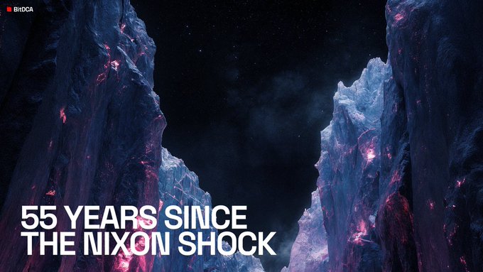 A dramatic space-themed thumbnail with text reading "55 YEARS SINCE THE NIXON SHOCK" displayed over dark, jagged asteroid-like rock formations against a starry background, branded with "BitDCA".