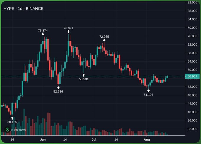 A Binance daily candlestick chart for the HYPE ticker shows the token surging from a low of $38.155 in late May to a peak of $76.991 in June, before pulling back and consolidating around the $56.967 support level (marked by a dotted horizontal line) heading into August. The price action — including notable lows of $52.636, $51.107, and $58.501 — supports the post's message that HYPE is far from "over," as it holds key support after its rally and recent correction.