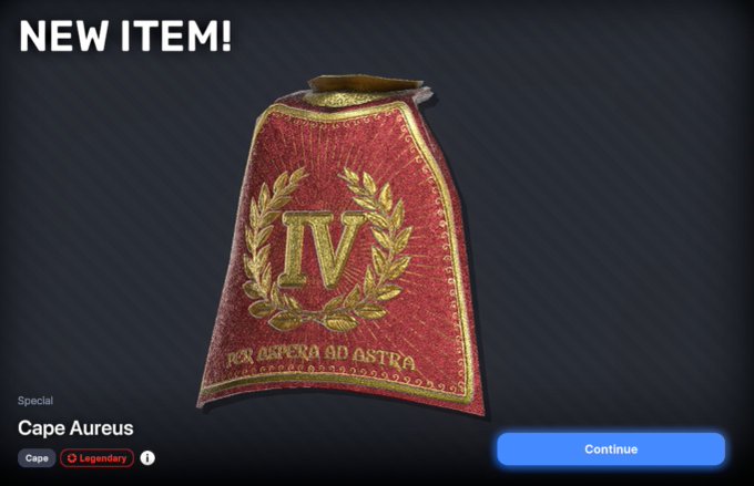 A 'NEW ITEM!' announcement screen displaying a 'Cape Aureus' item, a red cape with gold trim featuring a Roman numeral IV within a laurel wreath and the text 'PER ASPERA AD ASTRA'.