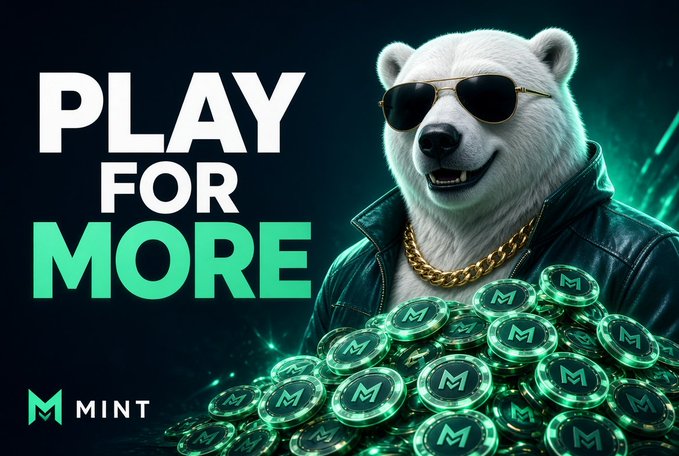 A 'PLAY FOR MORE' promotional image featuring a white bear wearing sunglasses and a leather jacket, sitting atop a pile of green 'M' coins with the 'MINT' logo.