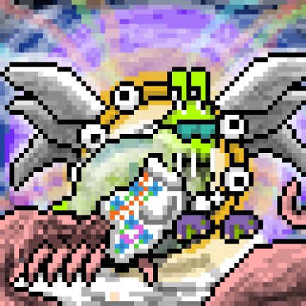 A heavily pixelated, glitch-art style image shows a green and white frog-like creature with large eyes and a colorful, vibrant background.