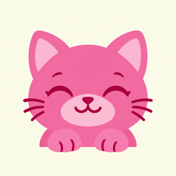 A cute cartoon illustration of a smiling pink cat with closed, happy eyes and small paws, set against a pale yellow background.