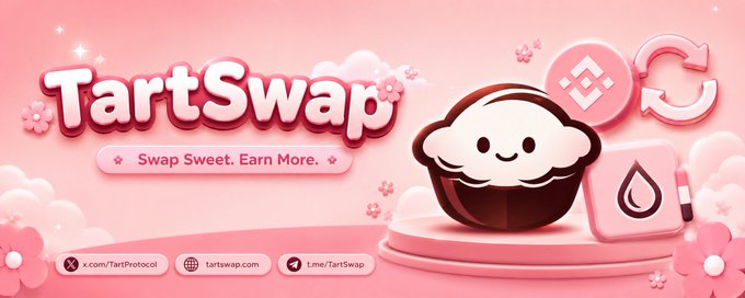 A pink-themed promotional banner for 'TartSwap' featuring the tagline 'Swap Sweet. Earn More.' alongside a cute tart character, with links to x.com/TartProtocol, tartswap.com, and t.me/TartSwap.