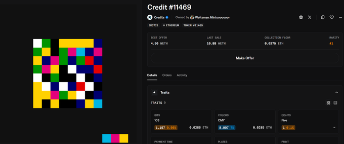 A screenshot of an NFT marketplace listing for Credit #11469, showing a colorful pixelated artwork with traits including 1033 pixels, CMY color scheme, and Fire shape, with a best offer of 0.10 WETH.