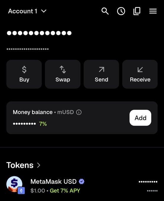 Screenshot of a MetaMask wallet interface showing Account 1 with options to Buy, Swap, Send, and Receive, along with a money balance in mUSD and MetaMask USD token.
