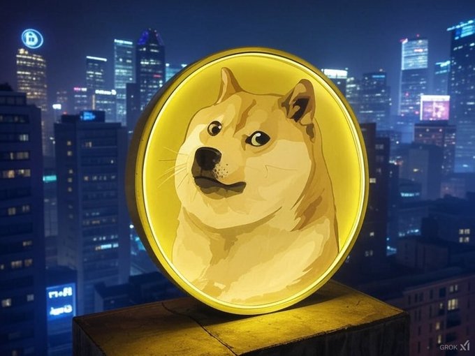 A glowing Dogecoin token featuring the iconic Shiba Inu dog sits prominently in the foreground against a nighttime city skyline, visually embodying the post's advice to be greedy when others are fearful—suggesting bold opportunity in the crypto market despite broader uncertainty.