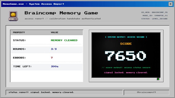 The image shows a computer screen displaying information about a Braincomp Memory Game, including details such as score, rounds, errors, and status. The post mentions that the game has been cleared, which means all errors have been resolved and the player's progress is accurate.