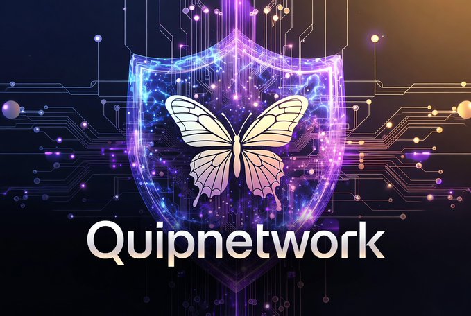 A digital graphic featuring a glowing purple shield with a butterfly emblem on a circuit-board background, labeled 'Quipnetwork'.