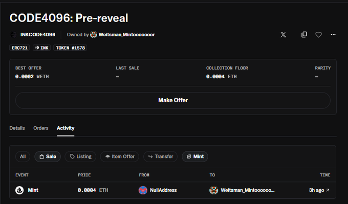 An OpenSea collection page showing "CODE4096: Pre-reveal" with a collection floor of 0.0004 ETH and an activity log displaying a mint transaction by "Woltsman_Mintoooooo." for 0.0004 ETH 3 hours ago, consistent with the post about watching the CODE4096 public mint at 0.0004 ETH each.