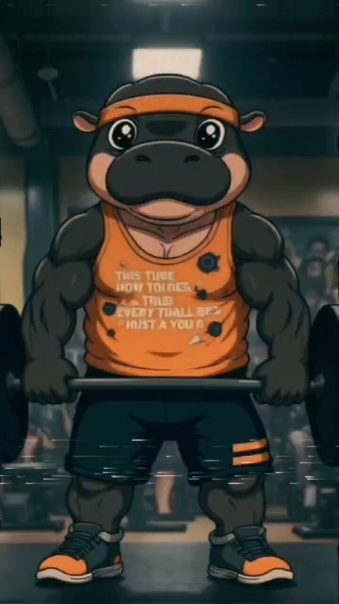 The image features a cartoon depiction of an orange hippopotamus lifting weights with a barbell. The hippo's muscles are clearly visible as he holds the barbell above his head. The background shows a gym setting, indicating that this scene takes place in a fitness or sports-related context. The caption "$Moodengeth holder during bear market, Believe in somETHING" suggests that the image is related to investing and financial markets, with the hippo symbolizing the importance of staying strong and resilient during challenging times.